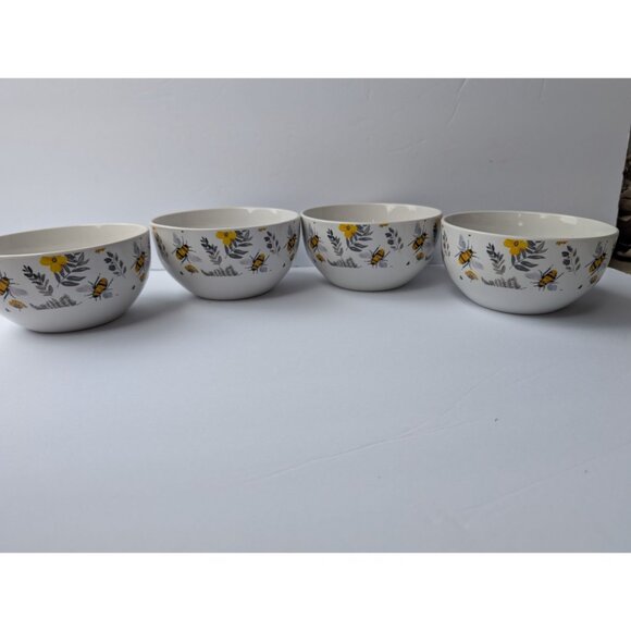 Set Of 4 Royal Norfolk Stoneware Bowls With Bee & Floral Print - Picture 1 of 4